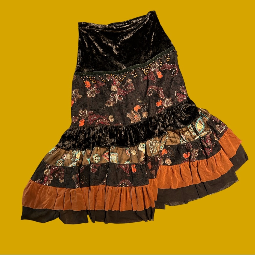 Vintage 90s brown and orange beaded floral chocolate velvet midi maxi skirt